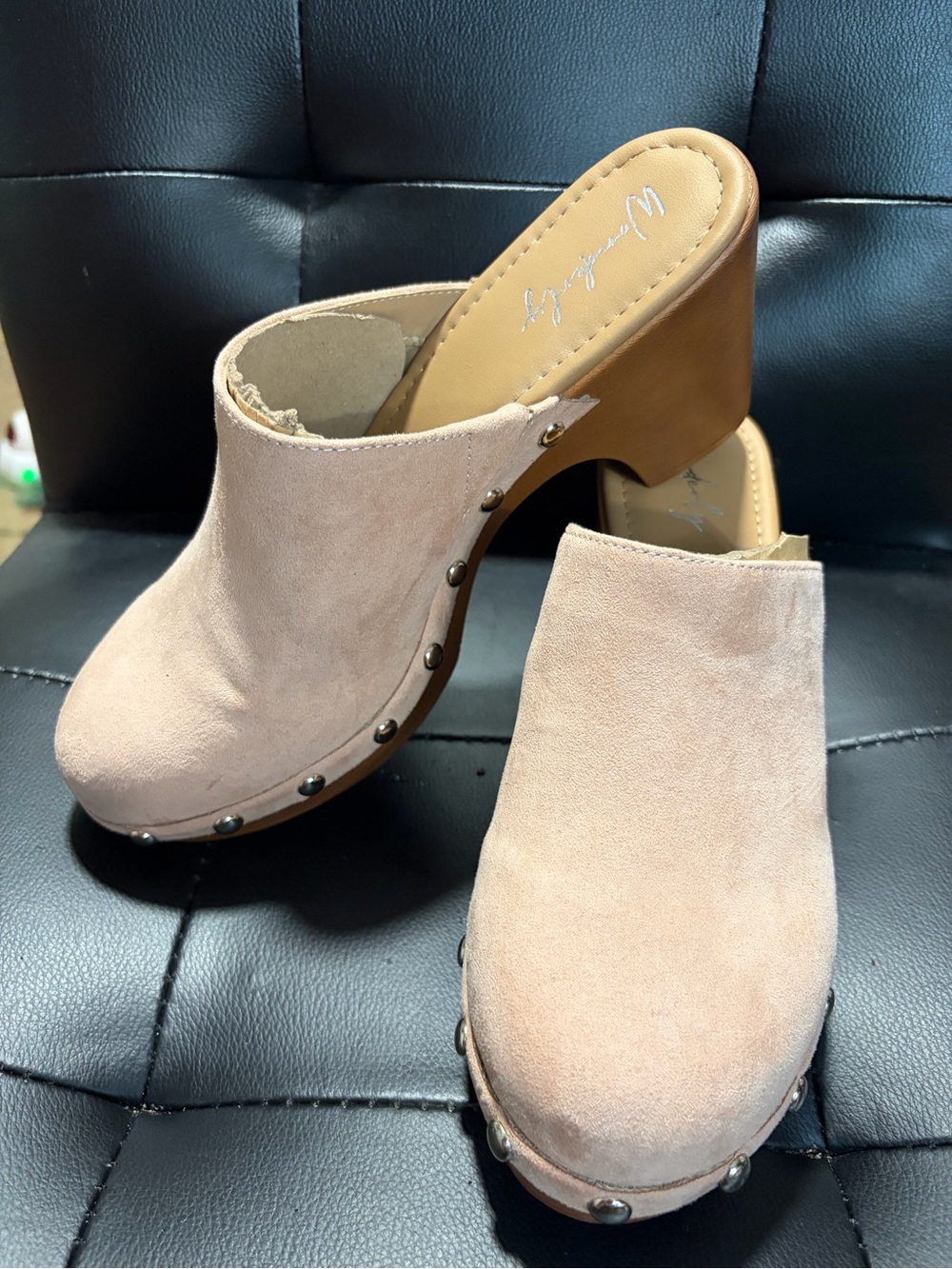 Wonderly Blush Pink Suede Clog Mules with Wood-Tone Heel & stud details, size9.5